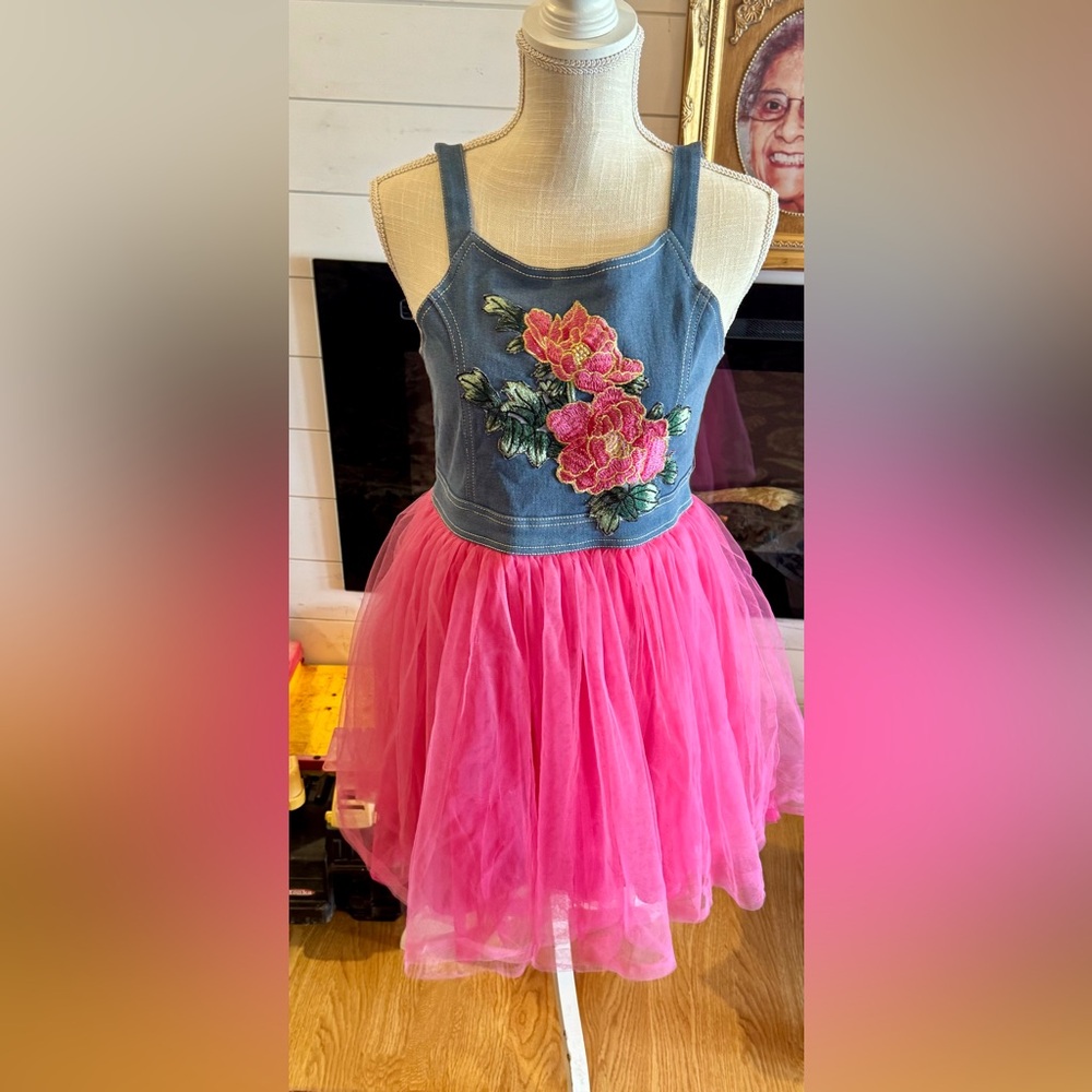 Blue gorgeous denim and Pink Casual Dress with Floral Embroidery